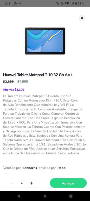 Rappi: Sanborns - Huawei Tablet Matepad T10 32 GB Azul
