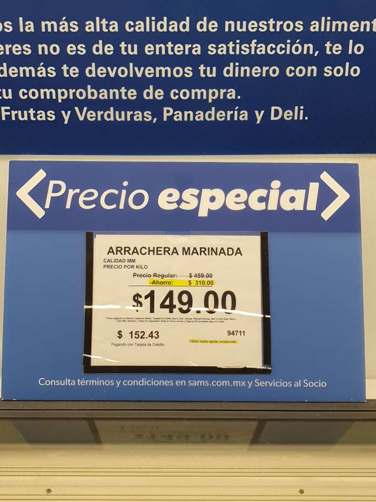 Sam's Club: ARRACHERA MARINADA $149