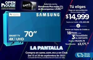 Sam's Club: Pantalla Samsung 4k 70 pulgadas (débito)