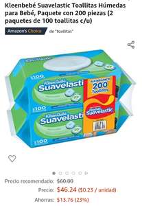 (Amazon) Kleenbebé Suavelastic Toallitas Húmedas para Bebé, Paquete con 200 piezas (2 paquetes de 100 toallitas c/u)