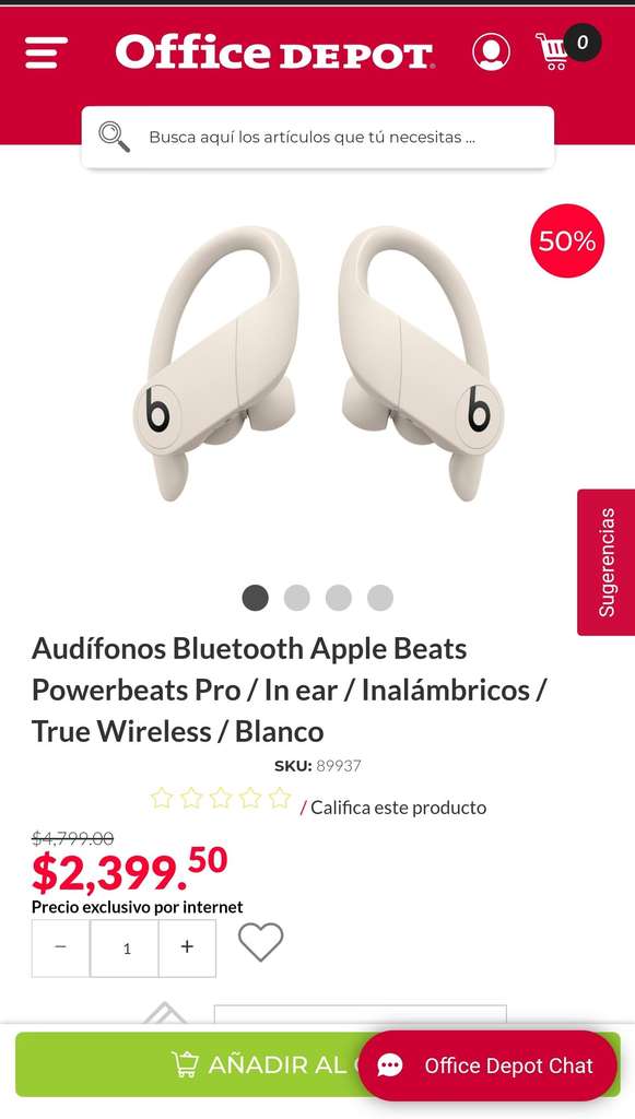 Office Depot: Audífonos Bluetooth Apple Beats Powerbeats Pro / In ear / Inalámbricos / True Wireless / Blanco