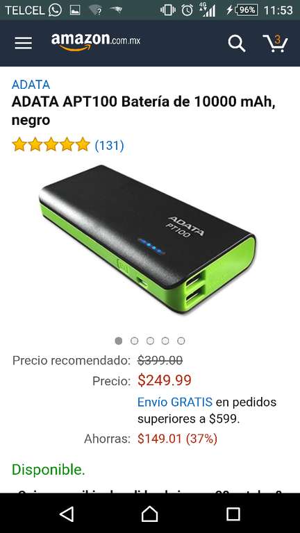 Amazon: ADATA Batería de 10000 mAh, negro APT100