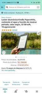 Amazon: Lector electrónico Kindle Paperwhite, resistente al agua y función de mostrar portada, color negro, 32 GB wifi, 10 generación