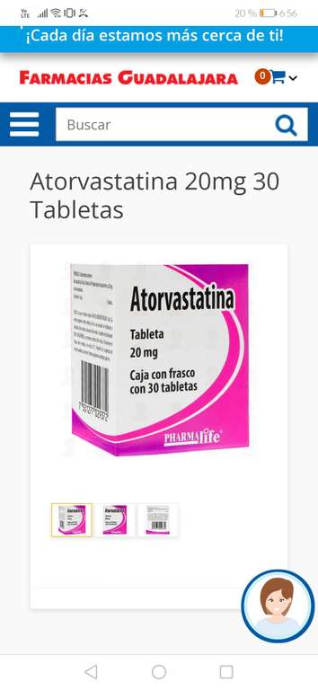 Farmacias Guadalajara: atorvastatina 20 mg., caja con 30 tabletas en 89.06