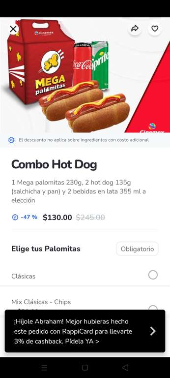 Rappi: Cinemex - Combo Hot Dog en oferta