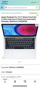 Amazon, Apple MacBook Pro 13.3" Retina Touch Bar 3.1GHz Intel Core i5 Dual Core (renovado), Plateado, 8GB Ram | 256GBSSD