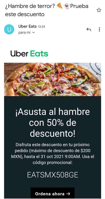 Uber Eats: Cupón 50% de Descuento (Max$200)