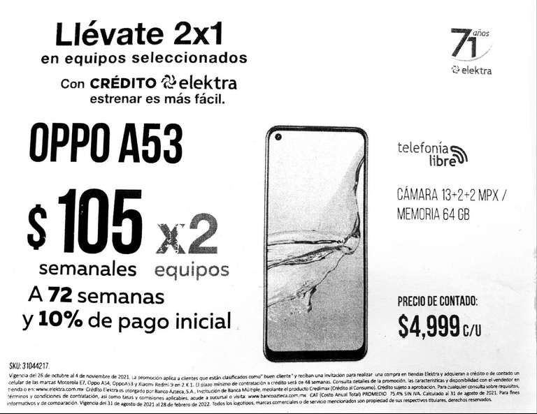 Elektra: Celulares 2x1 (Oppo A53, Moto E7)