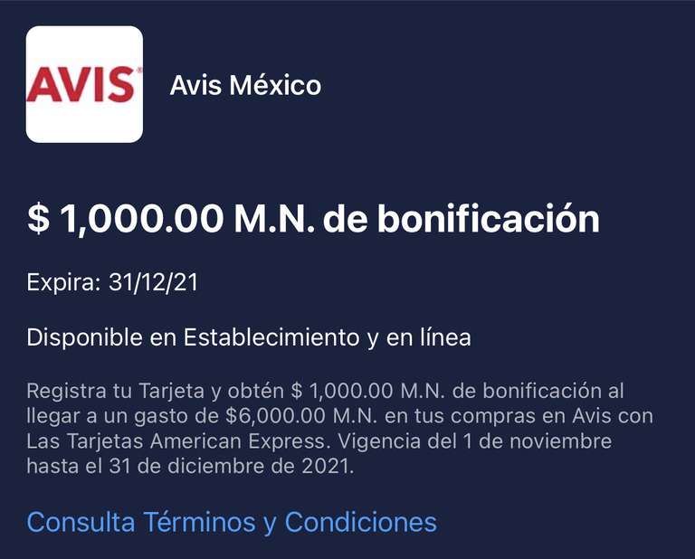 American Express: Bonificación de $1000 gastando $6000 en Avis México