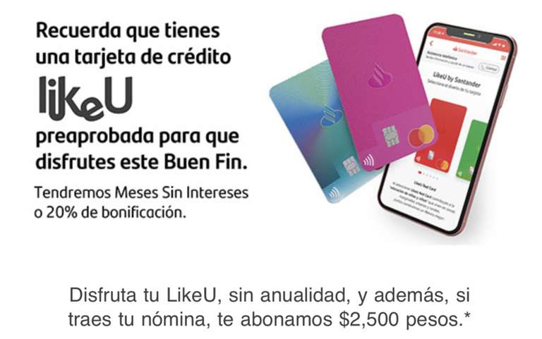 Santander: 20% de bonificación con tarjeta Like U para el Buen Fin