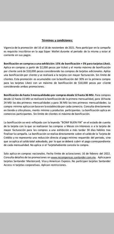 Buen Fin 2021 Santander: Bonificación de 3 meses en compras a MSI o 15% al contado (+ 5% pagando con LikeU acumulable con 30% de bienvenida)
