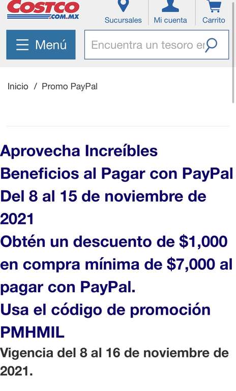 Costco: Cupón de $1,000 de descuento en compra minima de $7,000 pagando con Paypal del 8-15 Nov
