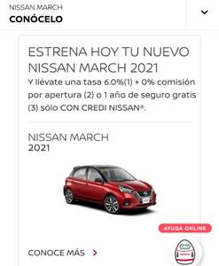 Nissan, march Sense, tasa 6% con el 27.9% de enganche y a un máximo de 24 meses o seguro gratis