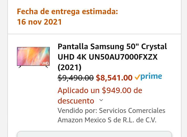 AMAZON: Pantalla Samsung 50" Crystal UHD 4K UN50AU7000FXZX (2021)
