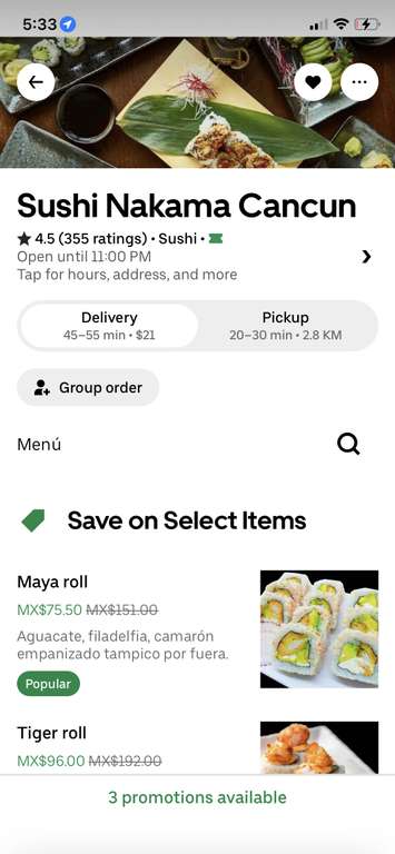 Uber Eats Sushi’s kanama Cancún 50%