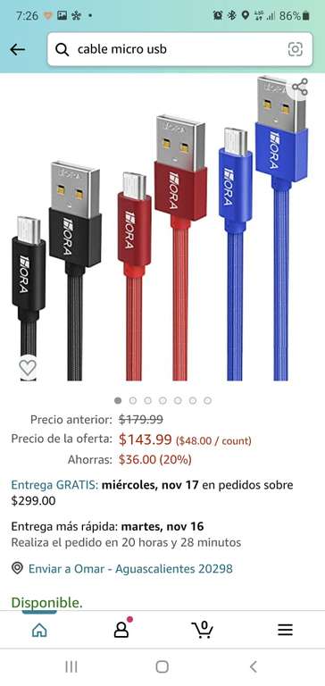 Amazon Paquete de 3 Cables MicroUSB rojo/azul/negro Nylon Trenzado