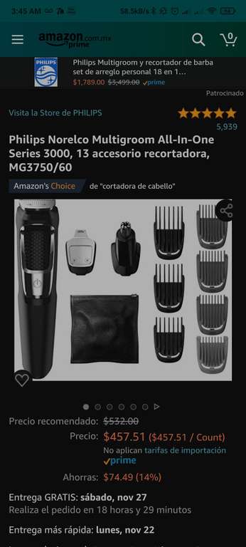 Amazon: Rasuradora Philips Norelco Multigroom All-In-One Series 3000, 13 accesorio recortadora, MG3750/60