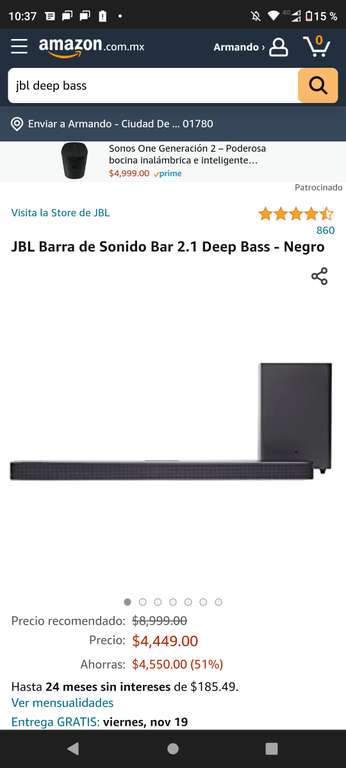 Amazon: JBL Barra de Sonido Bar 2.1 Deep Bass
