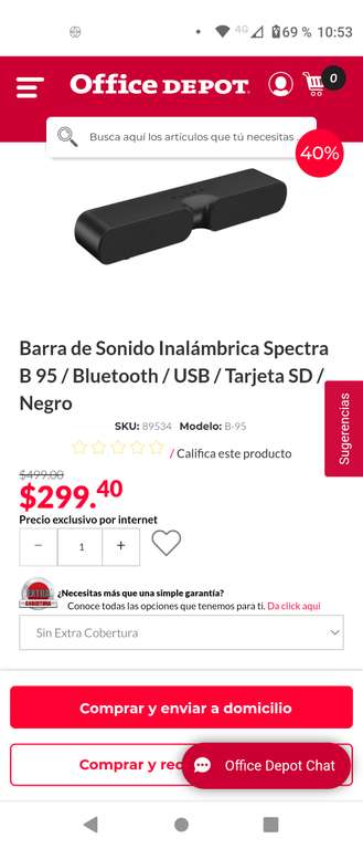 Office Depot: barra de Sonido Inalámbrica Spectra B 95 / Bluetooth / USB / Tarjeta SD / Negro