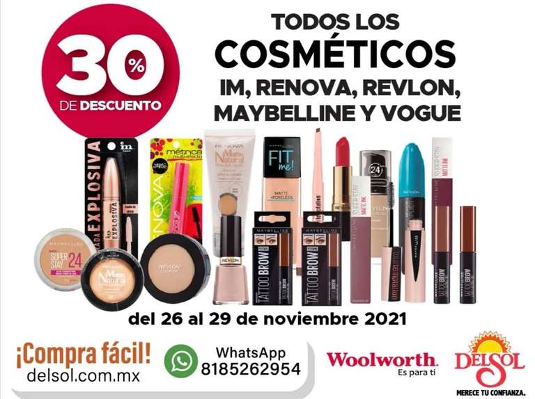 Del Sol y Woolworth: 30% de descuento en todos los cosméticos IM, Renova, Revlon, Maybelline y Vogue