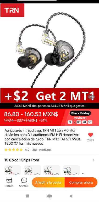 AliExpress: Audífonos Trn mt1 dos piezas en descuento por el Black Friday