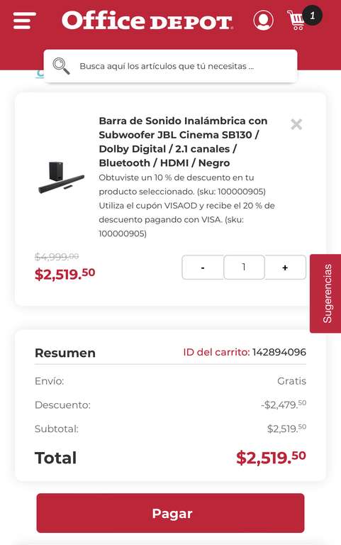 Office Depot: Barra de Sonido Inalámbrica con Subwoofer JBL Cinema SB130 / Dolby Digital / 2.1 canales / Bluetooth / HDMI / Negro