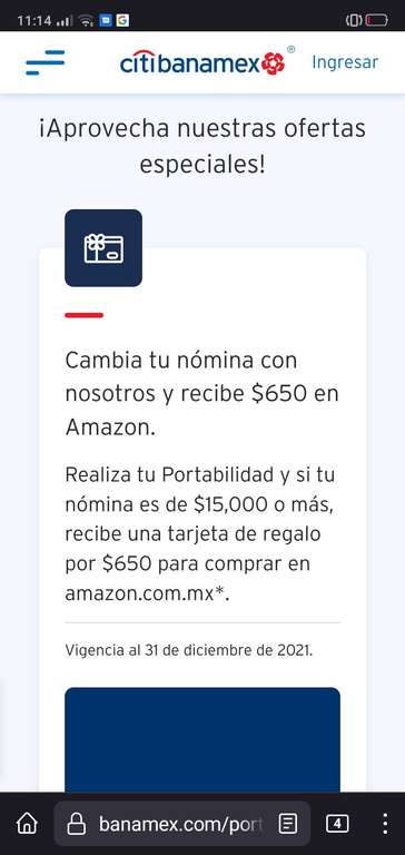 Citibanamex: Cambia tu nómina y recibe $650 para Amazon MX