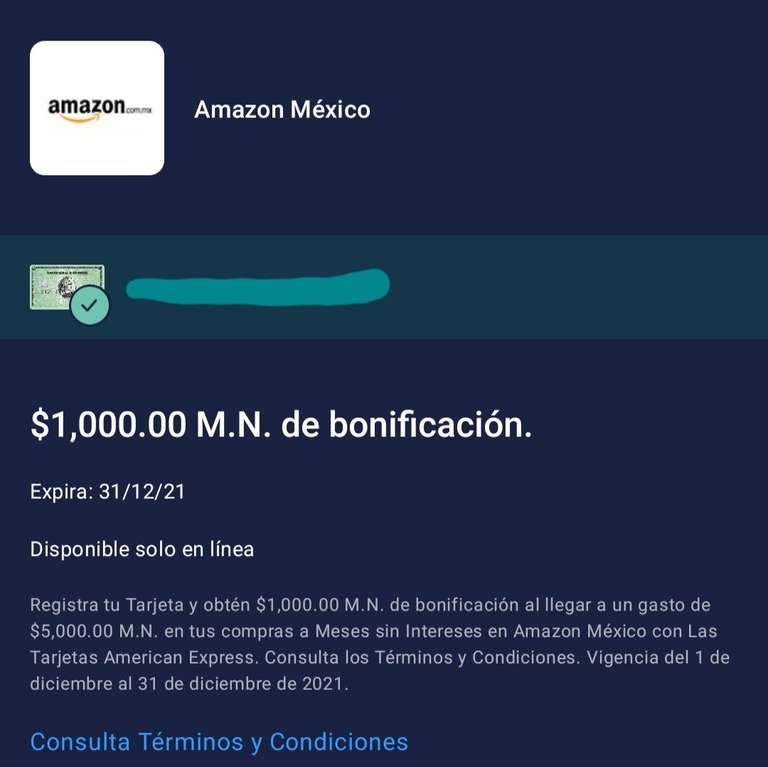 American Express: $1000 de bonificación en compras de $5000 a msi en Amazon.