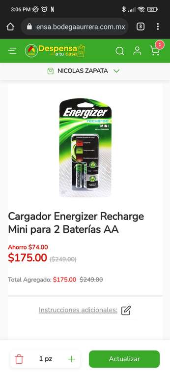 Bodega Aurrera, 2 baterías recargables AA Con su cargador Energizer