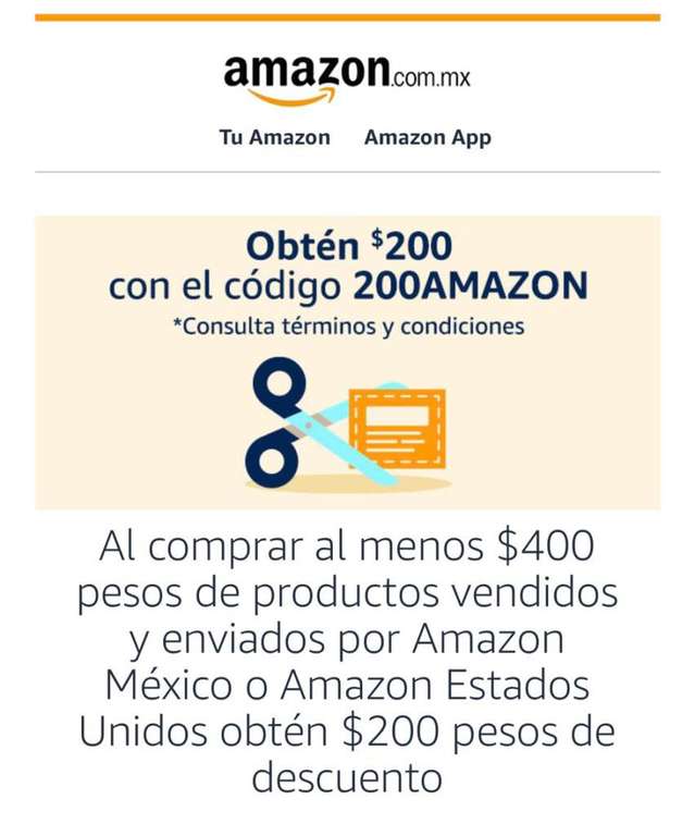 AMAZON : $200 de desc. en compras mínimas de 400 (Usuarios seleccionados)