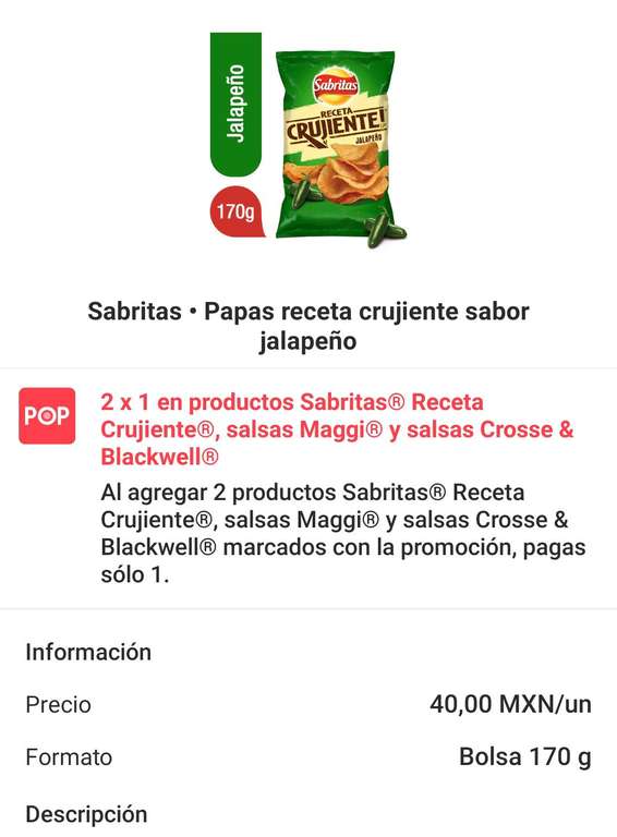 Cornershop POP: 2x1 sabritas receta crujiente (Chedraui y Soriana)