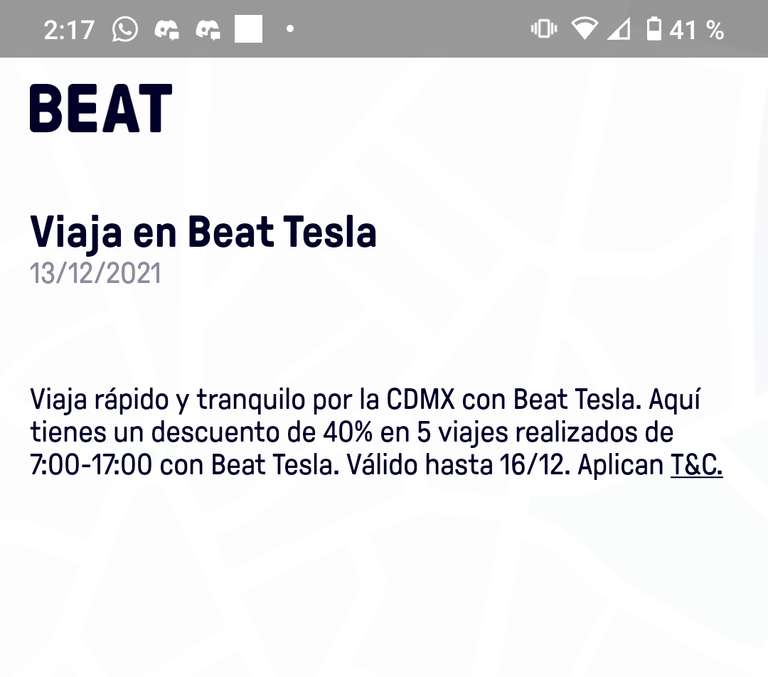 Viaja en Beat Tesla con 40% de descuento en 5 viajes (Usuarios seleccionados | Horario válido: 7:00 a 17:00)