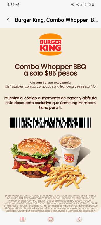 Burguer King: Combo Whopper BBQ a solo $85 pesos.