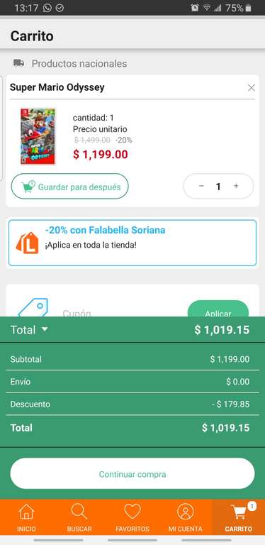 Nintendo Switch Super Mario Odyssey | $919 con BIENVENIDO100