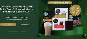Dolce Gusto: 25% de descuento al comprar 2 cajas Nescafe + 2 cajas Starbucks