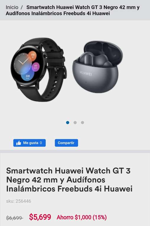 Coppel: Combo Smartwatch Huawei Watch GT 3 Negro 42 mm + Freebuds 4i