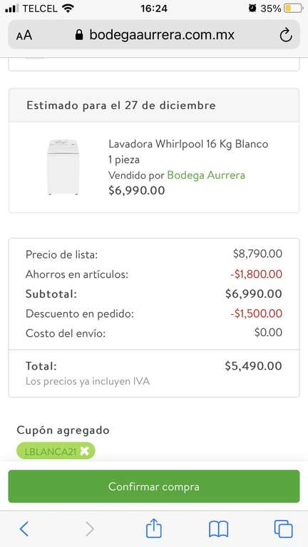 Bodega Aurrera Lavadora Whirlpool 16 Kg Blanco (con cupón) $5,490