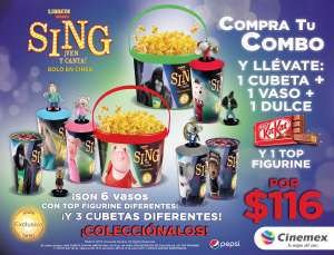 Cinemex: Combo Sing, cubeta+vaso+dulce+top figurin por $116.00