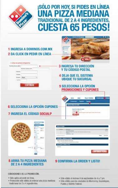 Domino's Pizza: pizza mediana 2 a 4 ingredientes $65 si pides en linea (solo hoy)
