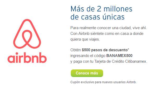 Airbnb: Descuento para usuarios nuevos de $500 (solo clientes Banamex)