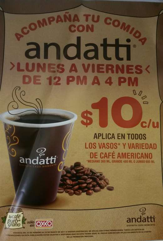 Oxxo: Café americano Andatti jumbo a $10 lunes a viernes de 12 a 16 hrs.