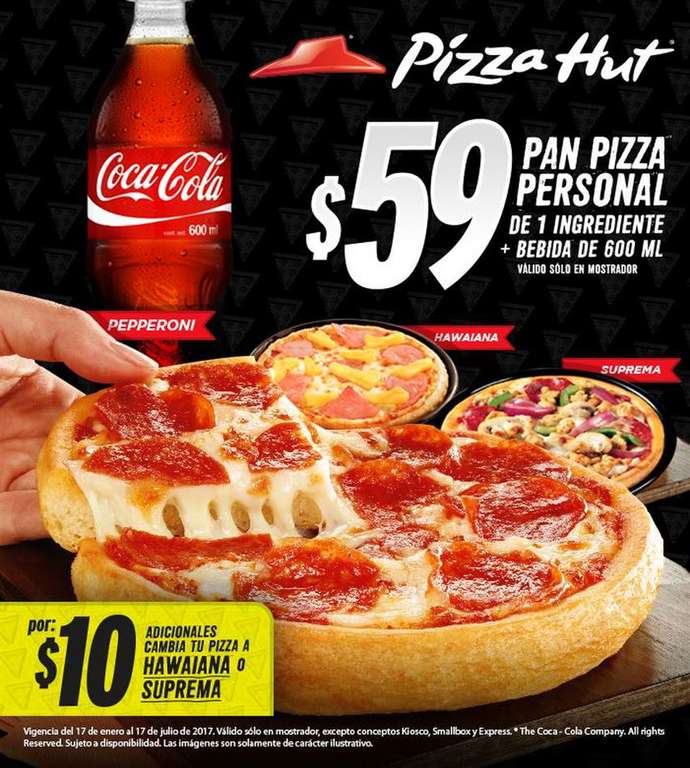 Pizza Hut: Pizza personal de 1 ingrediente + bebida de 600ml por $59 pesitos