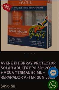 Farmacia del Ahorro: AVENE KIT SPRAY PROTECTOR SOLAR ADULTO FPS 50+ 200ML + AGUA TERMAL 50 ML + REPARADOR AFTER SUN 50ML