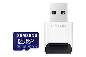 Amazon. SAMSUNG Pro Plus + Reader 128GB microSDXC hasta 160MB/s UHS-I, U3, A2, V30, Full HD y 4K UHD (MB-MD128KB/AM)
