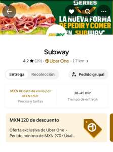 UBER Eats. Subway Dos Teriyaki Subs + 2 papas o galletas y dos refrescos por $102 CDMX Patriotismo | Uber One