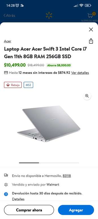 Walmart: Laptop Acer Swift 3 Intel Core i7 Gen 11th 8GB RAM 256GB SSD a 9MSI pagando con Citibanamex