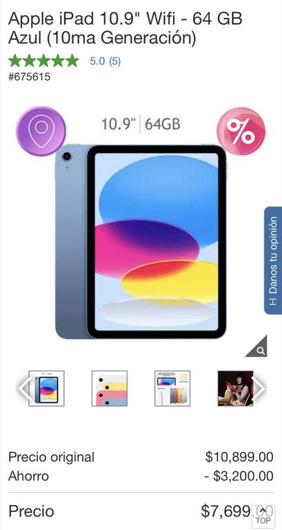 Costco: Apple iPad 10.9" Wifi - 64 GB (10ma Generación) Varios colores