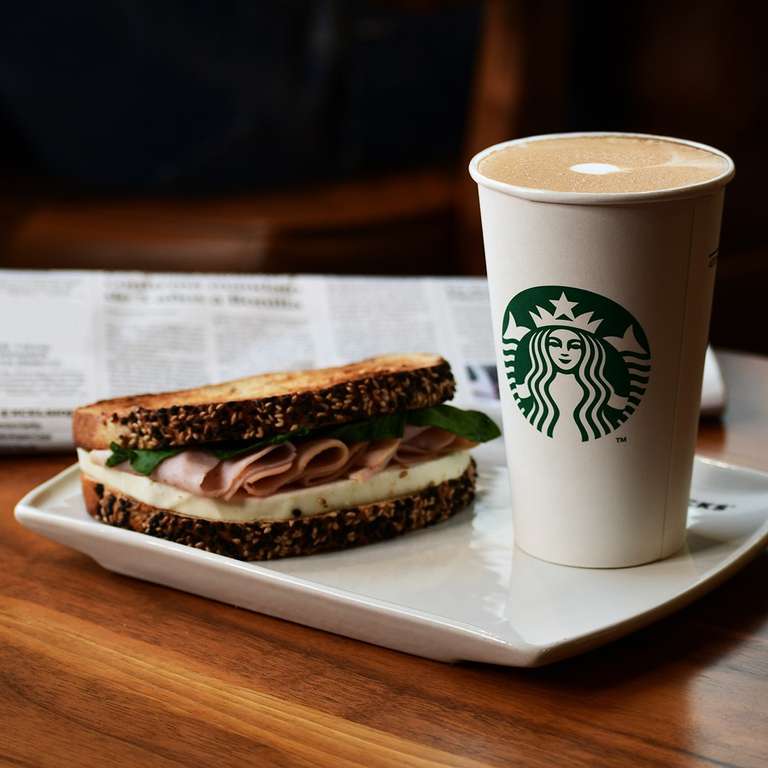 Starbucks: Latte grande + Sándwich de Pavo y Panela por $85
