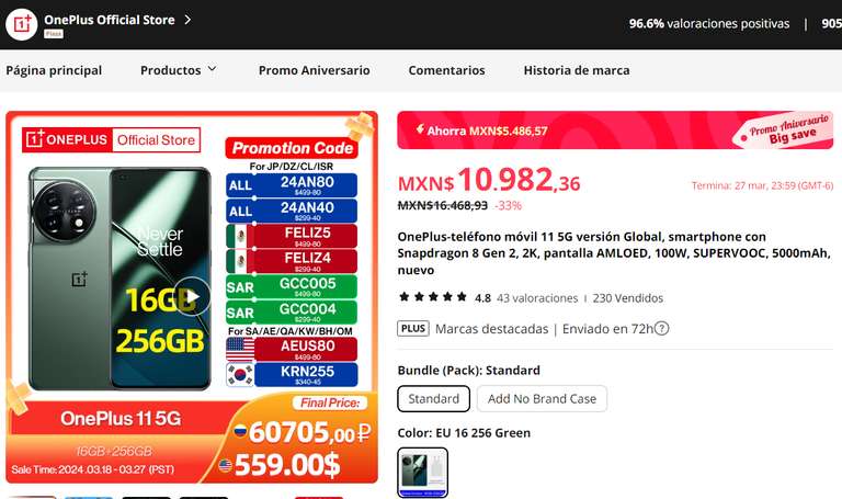 AliExpress: OnePlus 11 5G Global Version 16GB 256GB | Envio desde Mexico