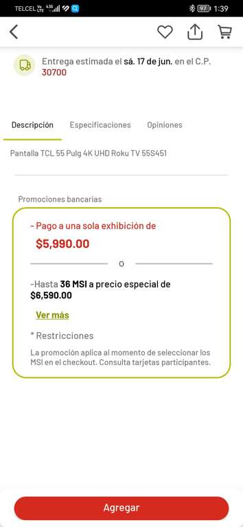 Soriana: Pantalla TCL 55" con Roku $5990 sin promos bancarias